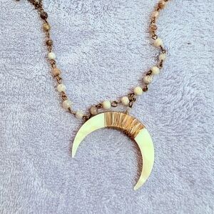 Crescent Moon Gold Wire Wrapped‎ With Multi Color Nephrite Tigers Eye Necklace